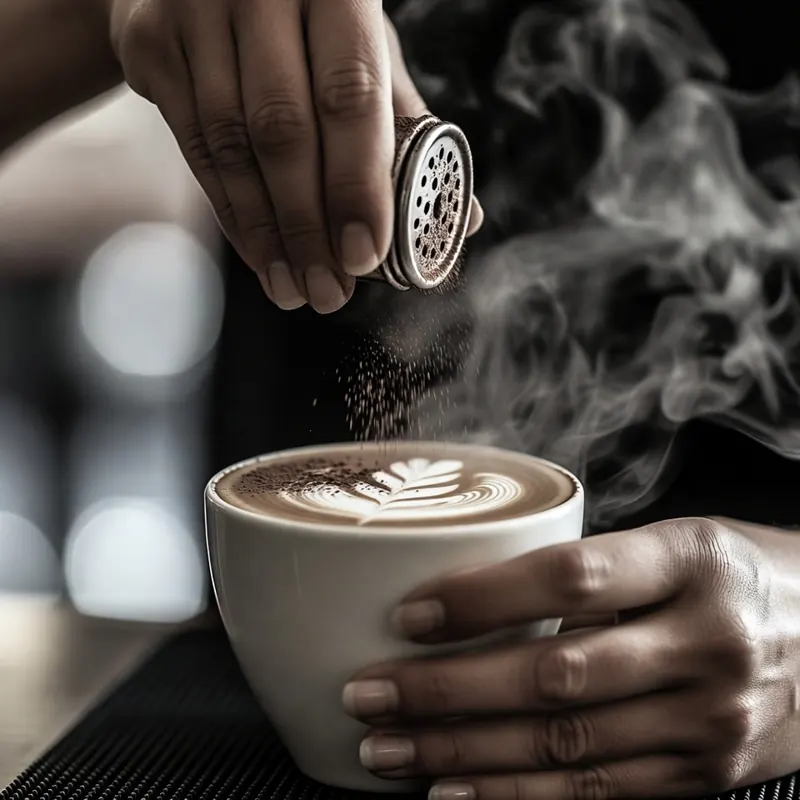 Cacao over een verse cappuccino