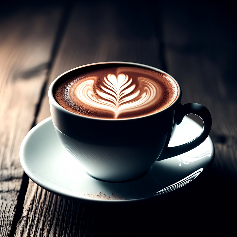 Latte art bladerpatroon in warme kop op rustiek hout