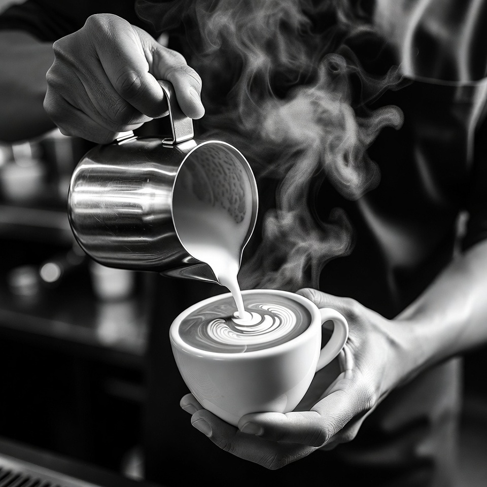 Barista giet melkschuim voor latte art met stoom