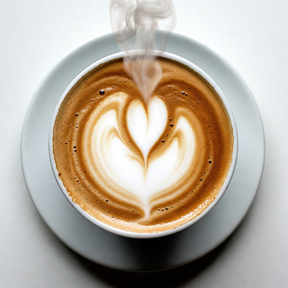 Bovenaanzicht cappuccino met hartmotief en stoom